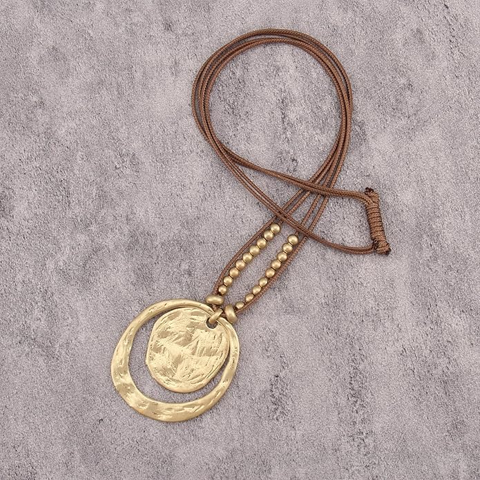 Boho Leather Necklace Women Bohemian Brown Circle Pendant Necklace Choker Long Necklaces for Women Boho Ring Large Pendant