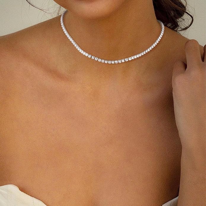 Tennis Necklace for Women, 14K Gold/Silver Plated Rhinestone Choker Necklace for Women, Dainty Cubic Zirconia Cut Faux Diamond Chain