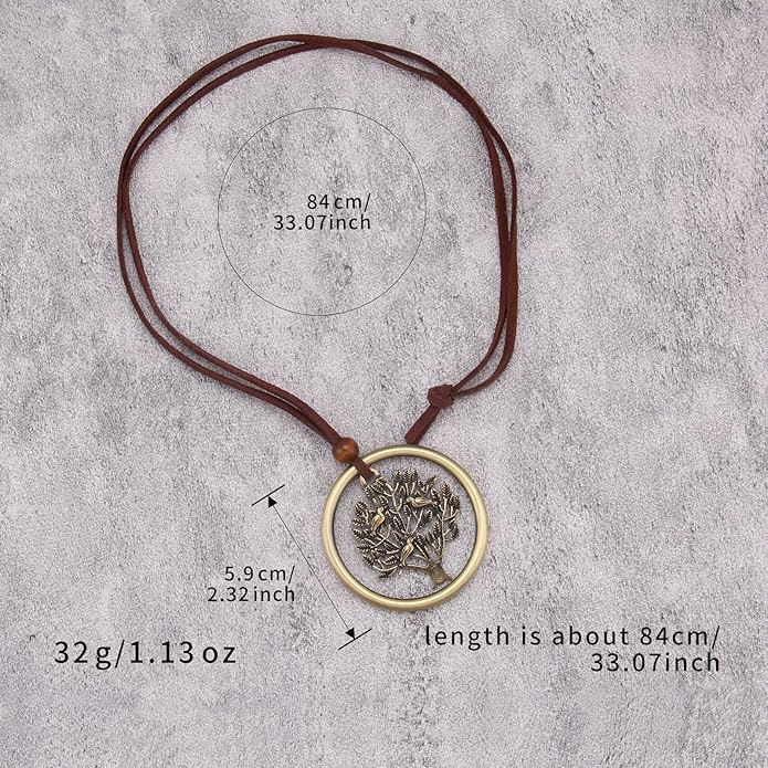 Boho Leather Necklace Women Bohemian Brown Circle Pendant Necklace Choker Long Necklaces for Women Boho Ring Large Pendant