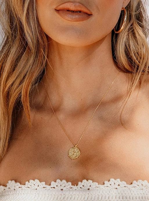 Aobei Pearl 18K Gold Plated Moon Star Lion Evil Eye Love Heart Cross Pendant Necklace Medallion Paperclip Chian Choker Layering Jewery for Women