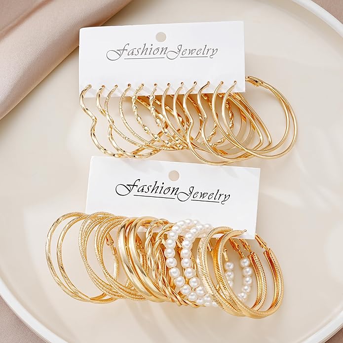 12 Pairs Chunky Gold Hoop Earrings for Women Trendy, Gold Plated Lightweight Hypoallergenic Stack, Thick Open Twisted Huggie Hoops Earring Set