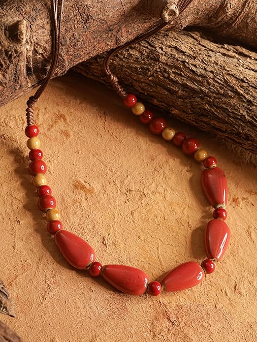 MINACHI Boho Hippie Round Ceramic Beads Strand Necklace, Vintage Bohemian Summer Beach Jewelry Gift for Women