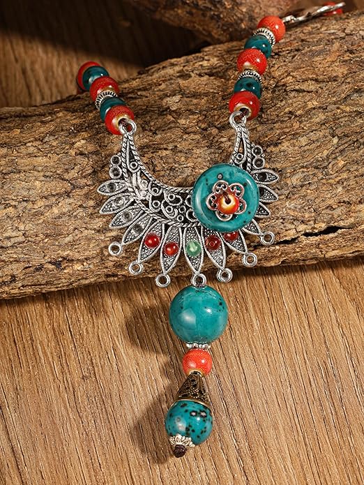 MINACHI Vintage Bohemian Colorful Ceramic Bead Antique Flower Y Necklace, Vintage Boho Hippie Statement Jewelry Gift for Women