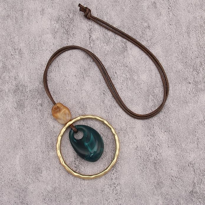 Boho Leather Necklace Women Bohemian Brown Circle Pendant Necklace Choker Long Necklaces for Women Boho Ring Large Pendant