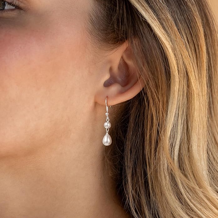 Gold Pearl Dangle Earrings for Women, 14K Gold Plated Small Pearl Drop Huggie Hoop Earrings, Hypoallergenic Dainty Gold Earrings Wedding Jewelry Gifts for Women Trendy