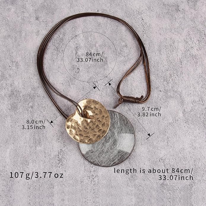 Boho Leather Necklace Women Bohemian Brown Circle Pendant Necklace Choker Long Necklaces for Women Boho Ring Large Pendant