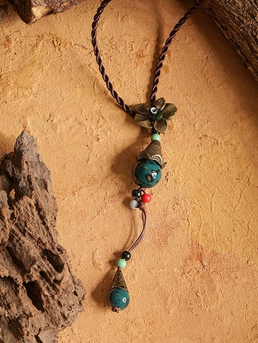 MINACHI Vintage Bohemian Colorful Ceramic Bead Antique Flower Y Necklace, Vintage Boho Hippie Statement Jewelry Gift for Women