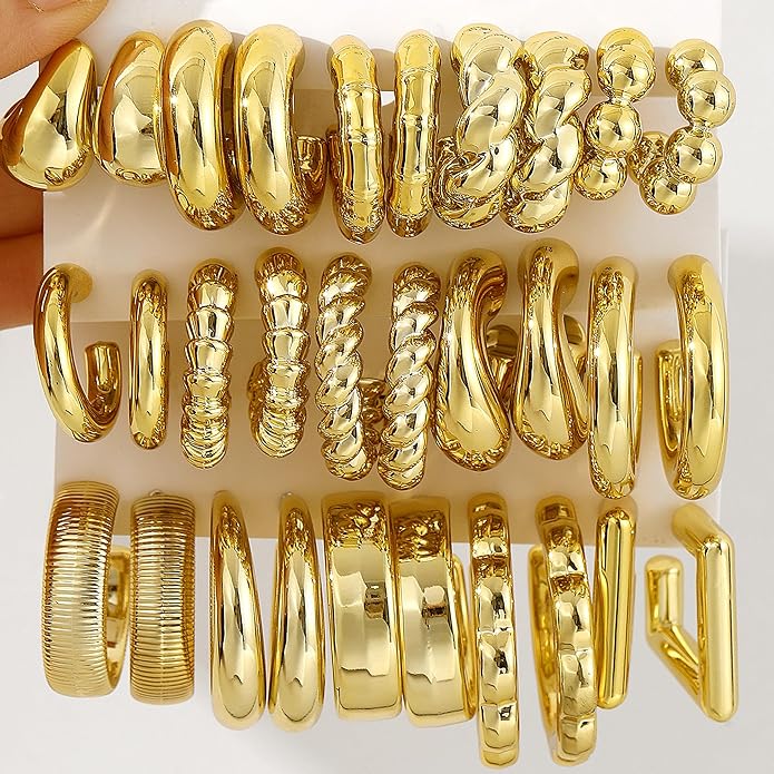 10 Pairs Chunky Gold Earrings for Women, Hypoallergenic Statement Hoops Earring for Multipack, Trendy Gold Chunky Hoop Earrings Jewelry for Gift