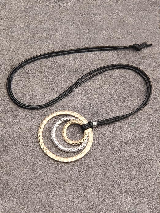 GelConnie Boho Necklaces for Women Vintage Silver Circles Long Pendant Necklace Cowgirl Sweater Necklace Adjustable Leather Choker Necklace for Women