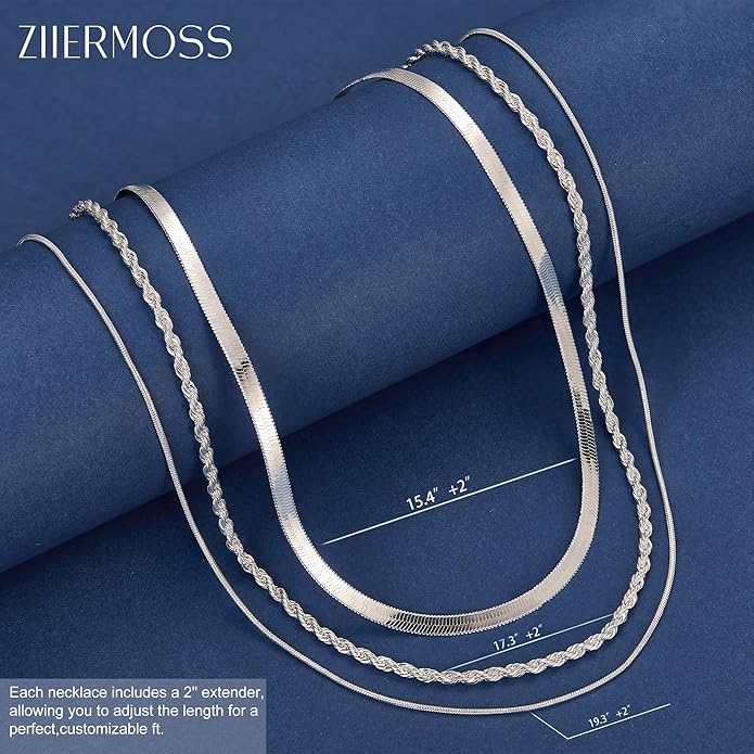 3PCS Gold Necklaces for Women,Chunky Statement Gold Plated Necklace Stack Layered Sterling Silver Herringbone Chains for Women Dainty Trendy Silver Chains Stacked Jewelry Gifts