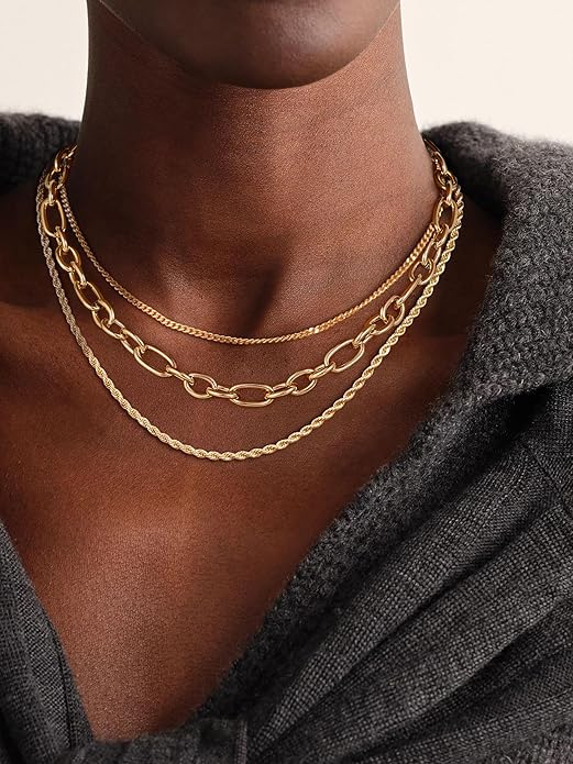 Gold Necklace for Women - Chunky 14K Gold Plated Chain Necklace Cuban Link Paperclip Chain Herringbone Statement Choker Necklace for Women Simple Trendy Jewelry Gifts