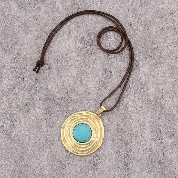 Boho Leather Necklace Women Bohemian Brown Circle Pendant Necklace Choker Long Necklaces for Women Boho Ring Large Pendant