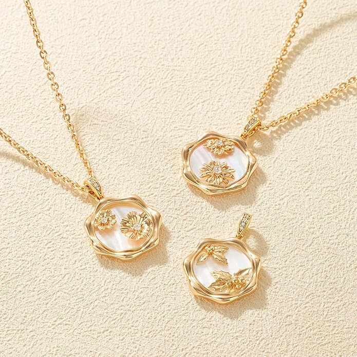 MTMY Birth Flower Necklace 14K Gold Plated Mother of Pearl Disc Birth Month Flower Pendant Necklaces for Women Personalized Custom Floral Jewelry Birthday Gift
