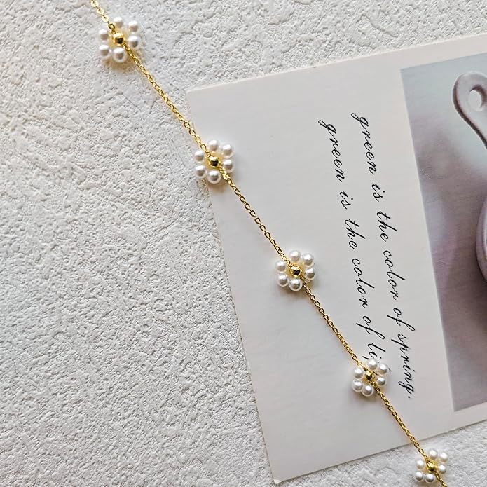 OGD Gold Pearl Necklaces Set for Women 14K Gold Plated Dainty Layered Pearl Cute Daisy Pearl Choker Gold Necklace Gifts for Women Gold Trendy Jewelry Gifts