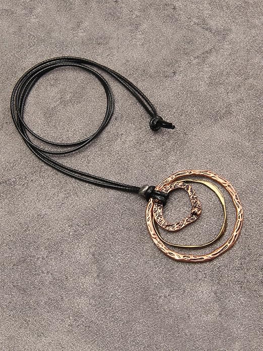 GelConnie Boho Necklaces for Women Vintage Silver Circles Long Pendant Necklace Cowgirl Sweater Necklace Adjustable Leather Choker Necklace for Women