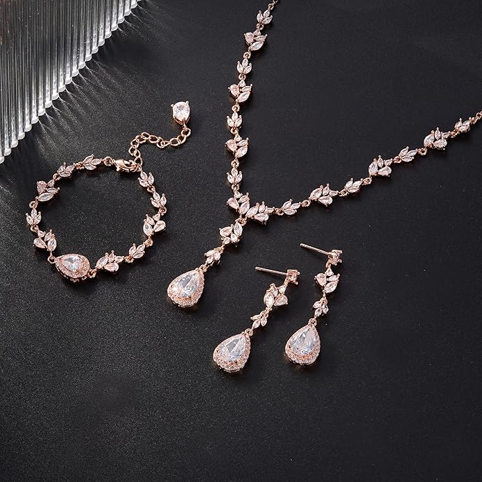 Crysdue Teardrop Bridal Jewelry Set for Wedding Party, Silver/14K/Rose Gold Plated Prom Costume Jewellery for Bride Bridesmaids Women, Cubic Zirconia Necklace Dangle Earrings Bracelet