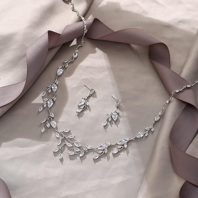EVER FAITH Wedding Jewelry for Bride Women Bridesmaid, Sparkly Cubic Zirconia Pear-Shaped Birthstone Leaf Necklace Earrings Set for Prom