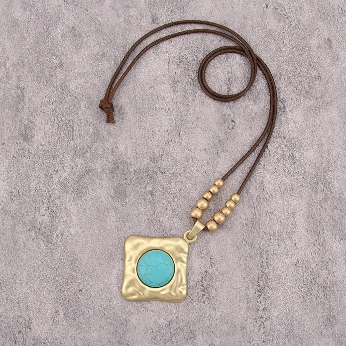 Boho Leather Necklace Women Bohemian Brown Circle Pendant Necklace Choker Long Necklaces for Women Boho Ring Large Pendant