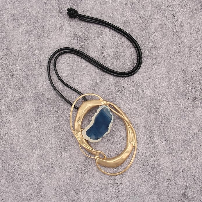 Boho Leather Necklace Women Bohemian Brown Circle Pendant Necklace Choker Long Necklaces for Women Boho Ring Large Pendant
