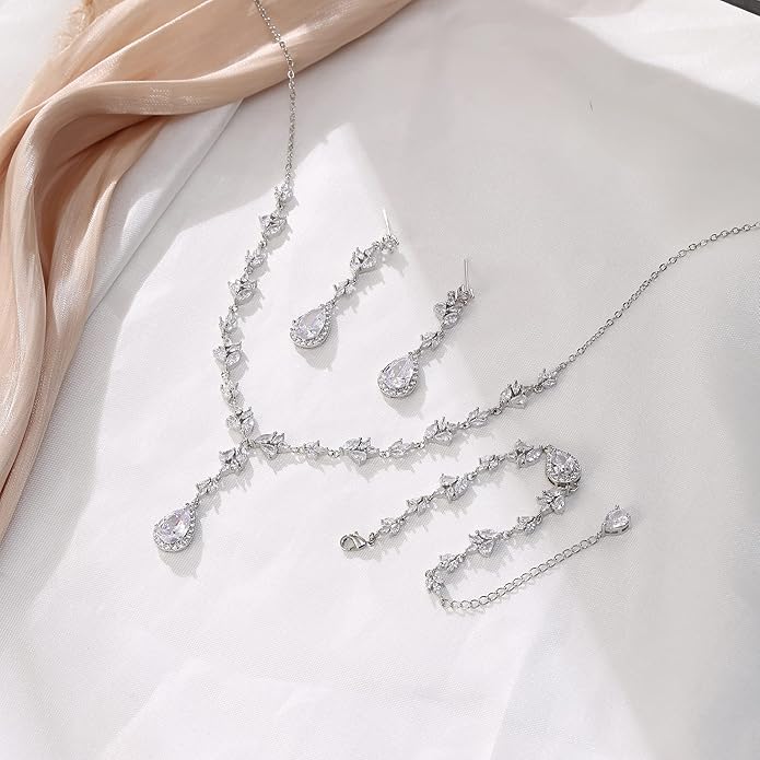 Crysdue Teardrop Bridal Jewelry Set for Wedding Party, Silver/14K/Rose Gold Plated Prom Costume Jewellery for Bride Bridesmaids Women, Cubic Zirconia Necklace Dangle Earrings Bracelet