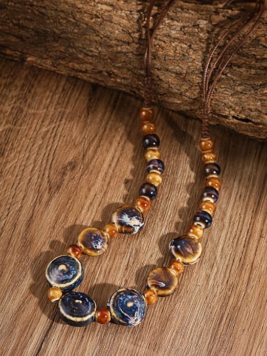 MINACHI Boho Hippie Round Ceramic Beads Strand Necklace, Vintage Bohemian Summer Beach Jewelry Gift for Women