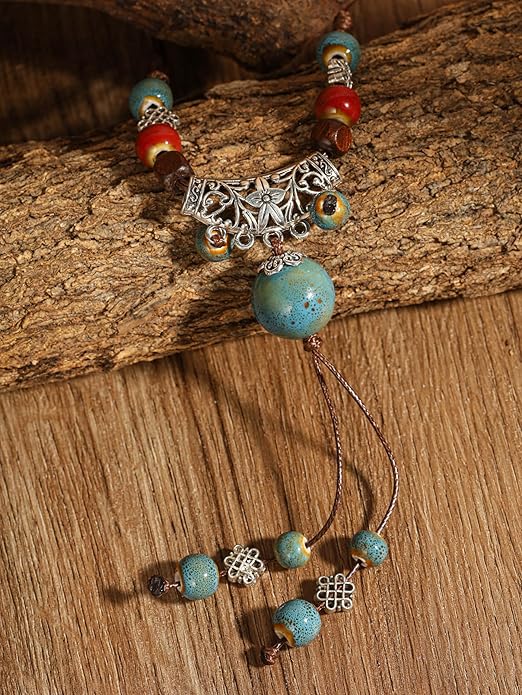 MINACHI Vintage Bohemian Ethnic Colorful Ceramic Bead Long Y Necklace, Hippie Boho Summer Fashion Jewelry Gift for Women