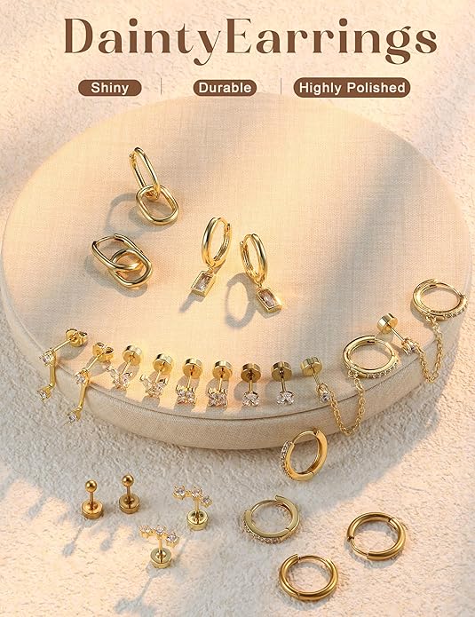 HAIAISO Small 14K Gold Plated Huggie Hoop Earrings for Women Lightweight Double Piercing Chain Earrings Dainty Stud Earrings Hypoallergenic 14K Gold Plated Hoop Earrings Set