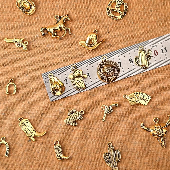 MARFOREVER 40 Pcs/20 Pairs Western Cowboy Cowgirl Charms for Jewelry Making, Antique Gold Dangle Charm Boot Hat Horse Cactus Pendants for Bracelet Necklace Earrings Making Accessories