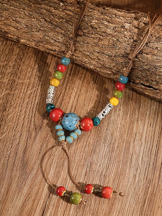 MINACHI Vintage Bohemian Ethnic Colorful Ceramic Bead Long Y Necklace, Hippie Boho Summer Fashion Jewelry Gift for Women