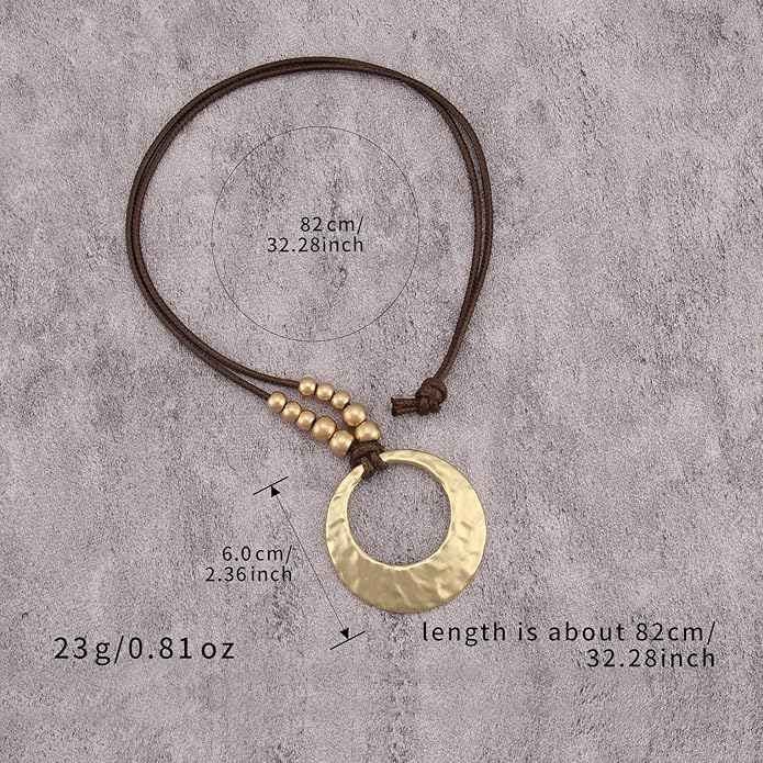 Boho Leather Necklace Women Bohemian Brown Circle Pendant Necklace Choker Long Necklaces for Women Boho Ring Large Pendant