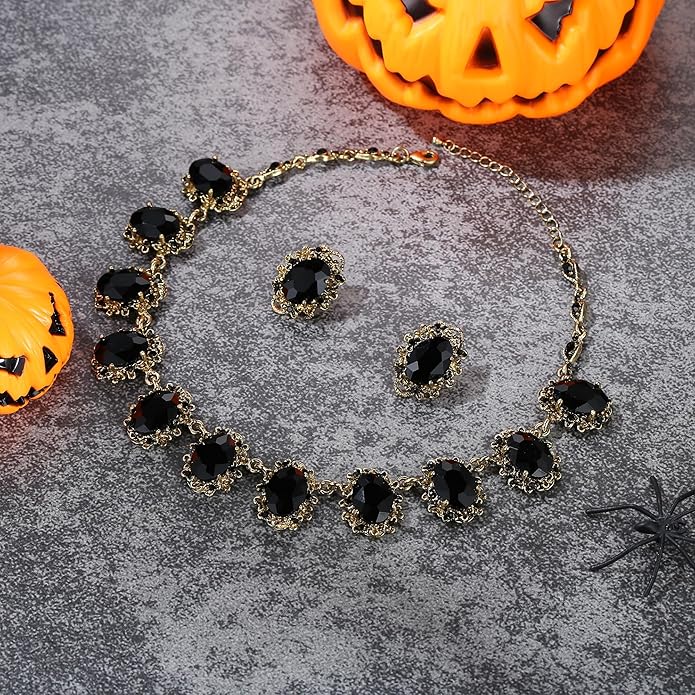 BriLove Victorian Style Statement Necklace Pierced Earrings Jewelry Set for Women Crystal Floral Cameo Inspired Oval Jewellery for Party Prom