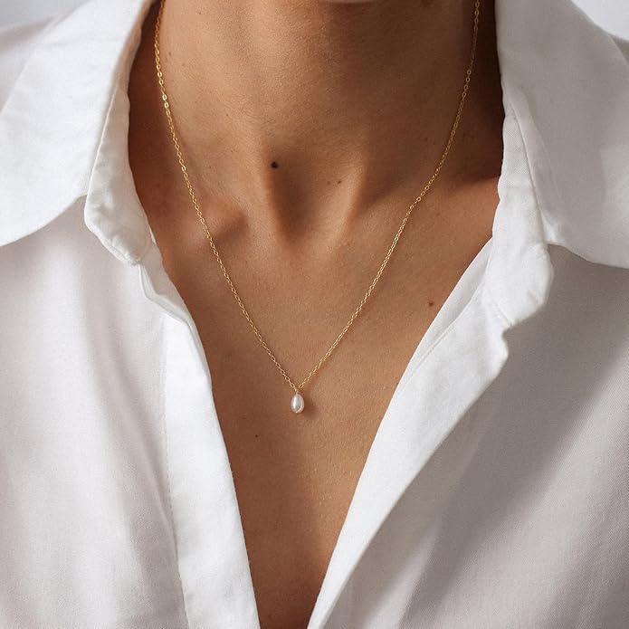 Pearl Necklaces for Women Trendy, 14k Gold Plated Dainty Necklace Simple Pearl Drop Single Charm Pendant Necklace Birthday Wedding Gifts Gold Jewelry for Women