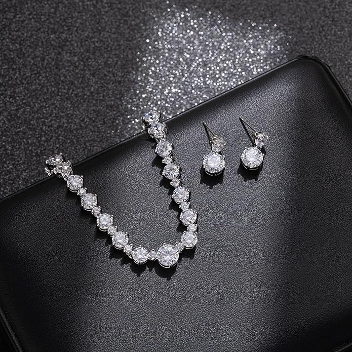 Wedding Jewelry Set For Women Bridal Brides Bridesmaid Classic Cubic Zirconia Necklace And Earrings For Prom Party