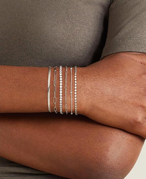 DEARMAY Dainty Silver Plated Bracelets for Women Trendy, Silver Jewelry Set for Women Bracelets for Women Paperclip Box Herringbone Figaro Rope Chain Bracelet Fashion Pack Gifts for Women