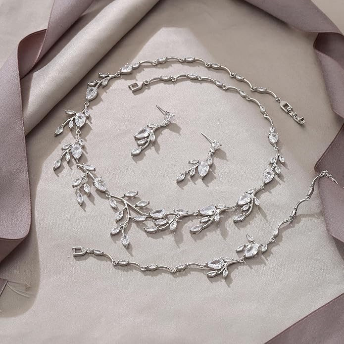 EVER FAITH Wedding Jewelry for Bride Women Bridesmaid, Sparkly Cubic Zirconia Pear-Shaped Birthstone Leaf Necklace Earrings Set for Prom