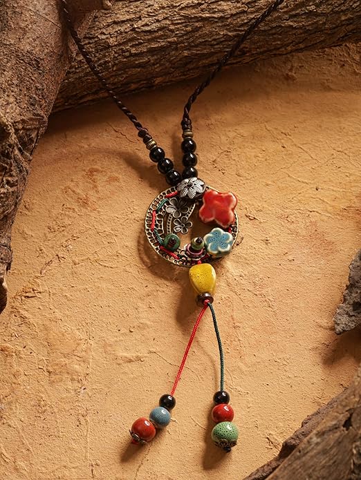MINACHI Vintage Bohemian Colorful Ceramic Bead Antique Flower Y Necklace, Vintage Boho Hippie Statement Jewelry Gift for Women