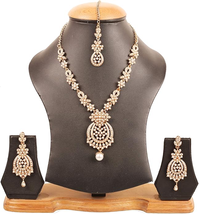 Touchstone Indian jewelry sets for women maang tikka wedding guest gold necklace bollywood jewellery set pageant elegant prom bride accessories western crystal chunky rhinestone necklaces