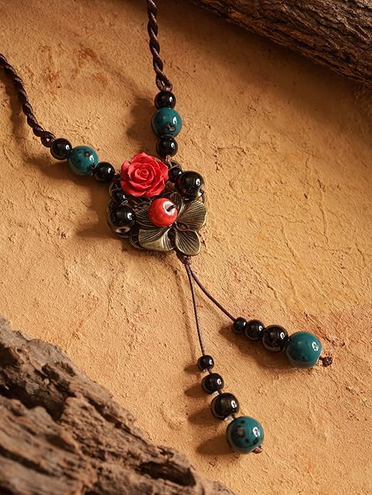 MINACHI Vintage Bohemian Colorful Ceramic Bead Antique Flower Y Necklace, Vintage Boho Hippie Statement Jewelry Gift for Women