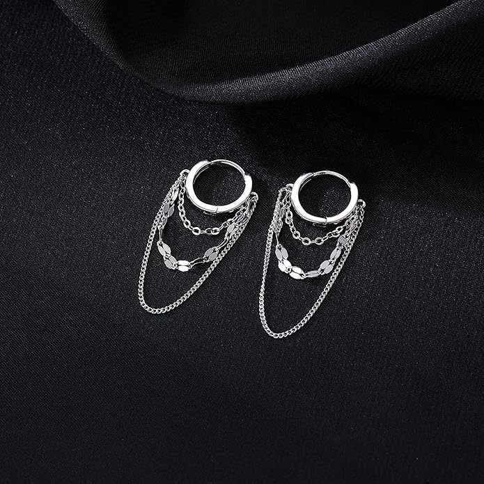 Reffeer Solid 925 Sterling Silver Chain Drop Earrings Hoop for Women Teens Hoop Earrings Tassel Chain Huggie Dangle Earrings