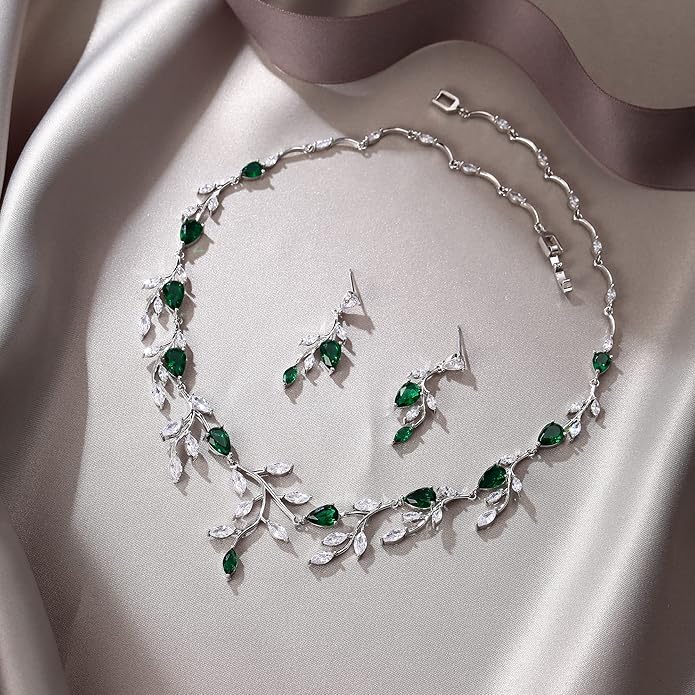 EVER FAITH Wedding Jewelry for Bride Women Bridesmaid, Sparkly Cubic Zirconia Pear-Shaped Birthstone Leaf Necklace Earrings Set for Prom