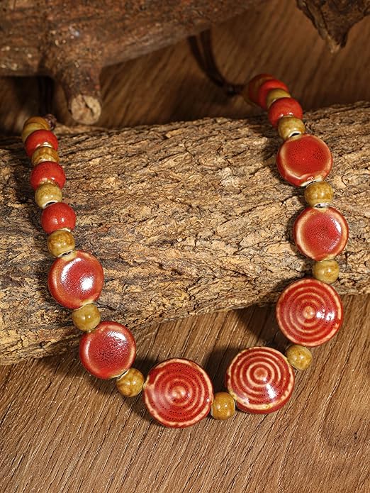 MINACHI Boho Hippie Round Ceramic Beads Strand Necklace, Vintage Bohemian Summer Beach Jewelry Gift for Women