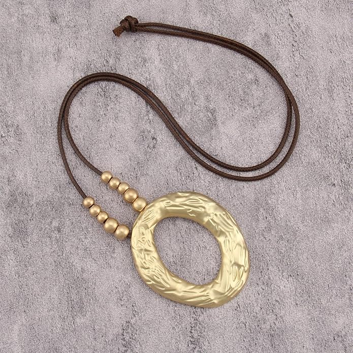 Boho Leather Necklace Women Bohemian Brown Circle Pendant Necklace Choker Long Necklaces for Women Boho Ring Large Pendant