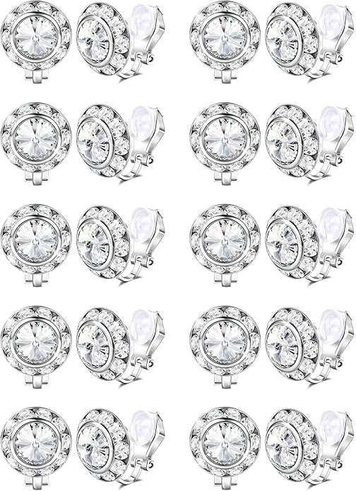 FIBO STEEL Clip on Halo Earrings Rhinestone Earrings Crystal Earrings for Women Round Acrylic Stone Inside Dance Competitions Stage Opera Performance Wedding Party Jewelry