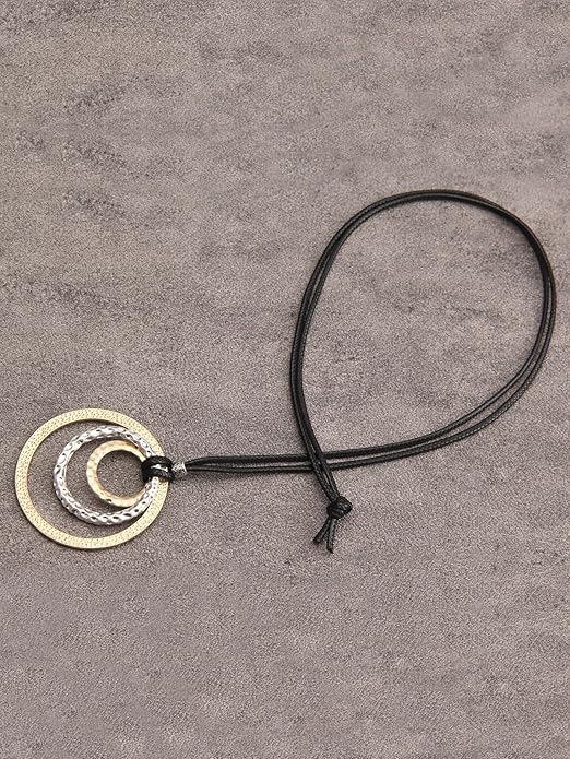 GelConnie Boho Necklaces for Women Vintage Silver Circles Long Pendant Necklace Cowgirl Sweater Necklace Adjustable Leather Choker Necklace for Women