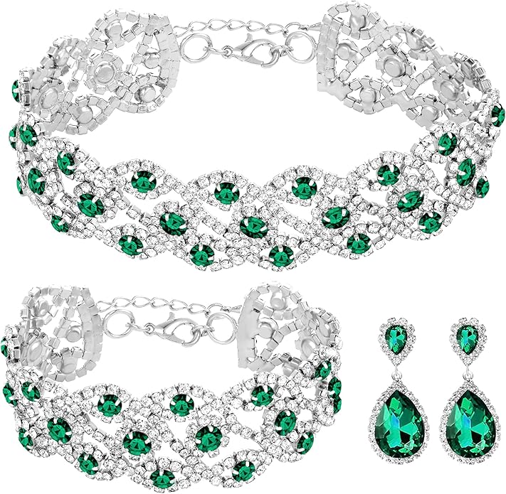 3/4 Pieces Women Jewelry Set Artificial Rhinestone Crystal Bride Statement Choker Necklace Tiara Crown Link Bangle Bracelet Teardrop Dangle Earrings Set