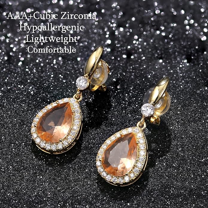 THUNARAZ Elegant Clip on Earrings for Women Sparkling Teardrop Dangle Clip Earrings Non-Pierced Rhinestone Cubic Zirconia Wedding Prom Jewelry 14K Gold and Silver Tone