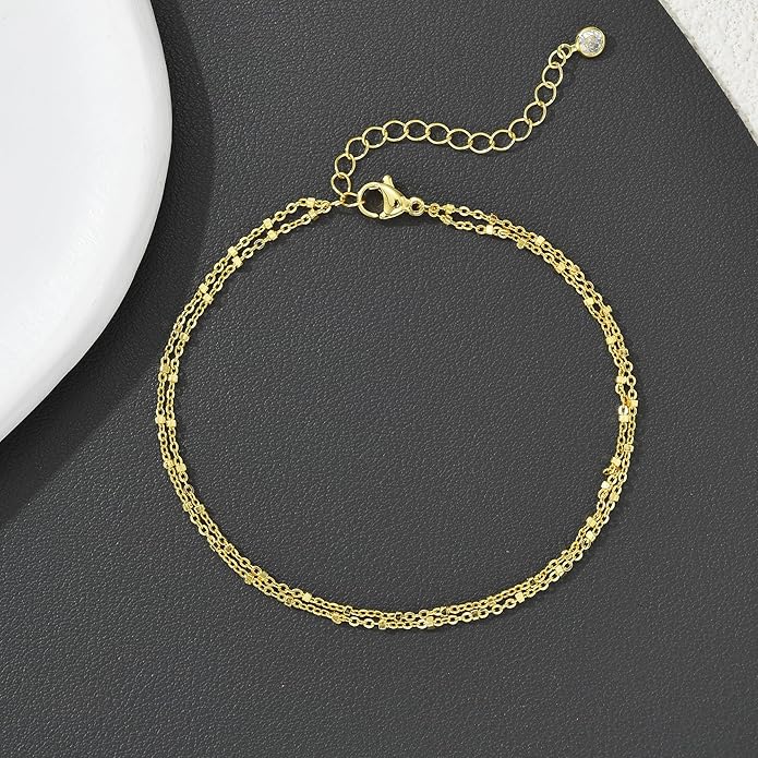 iF YOU Gold Ankle Bracelets for Women, 14k Gold Plated Waterproof Cuban Link Chain Anklets Set, Layered Anklet Bracelets for Women Beach Gift Adjustable Size 5pc