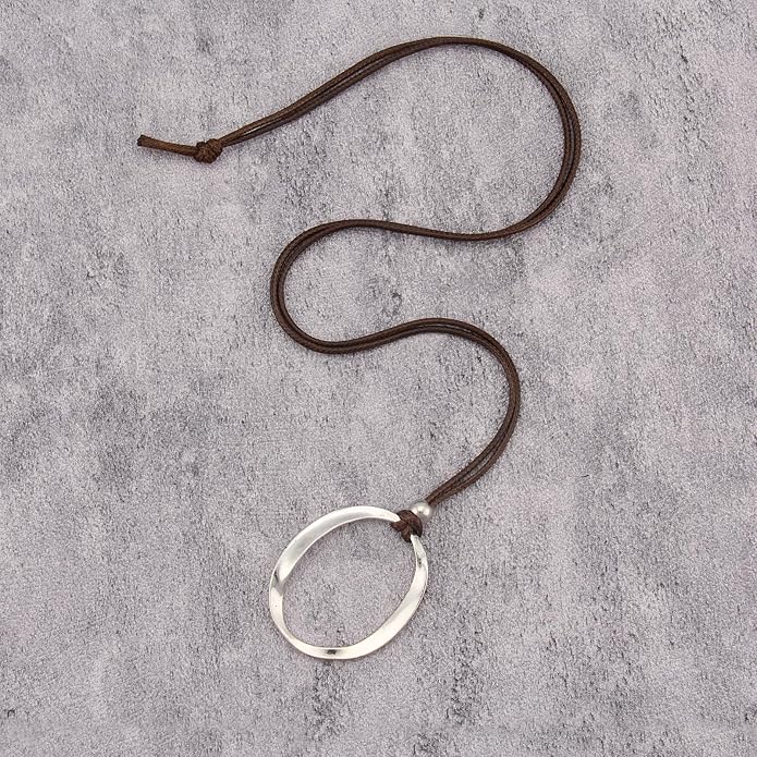 Boho Leather Necklace Women Bohemian Brown Circle Pendant Necklace Choker Long Necklaces for Women Boho Ring Large Pendant