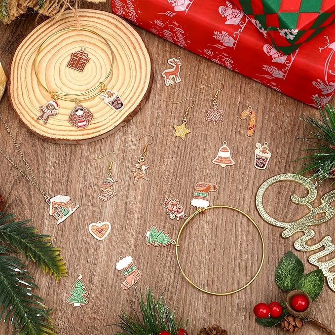 MARFOREVER 40 Pcs/20 Pairs Christmas Charms for Jewelry Making, Gingerbread Man Christmas Enamel Charm Holiday Xmas Bangle Pendants for Bracelet Necklace Earrings Making Accessories