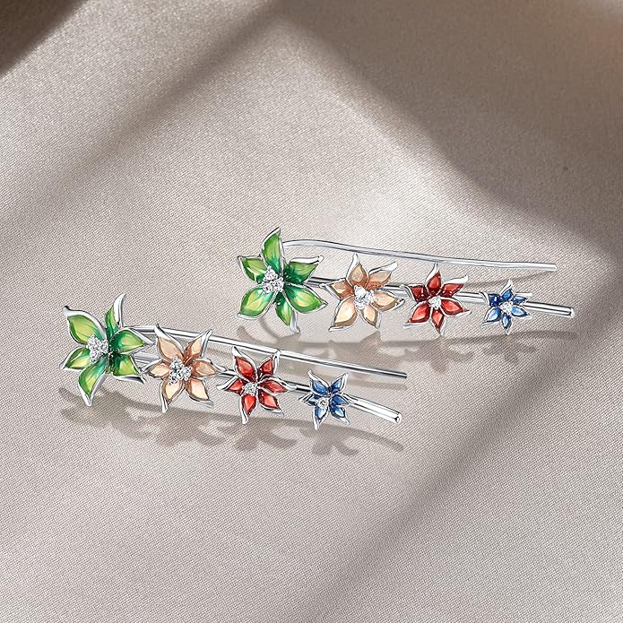 Santuzza 925 Sterling Silver Enamel Flower Ear Cuffs Climber Earrings for Women